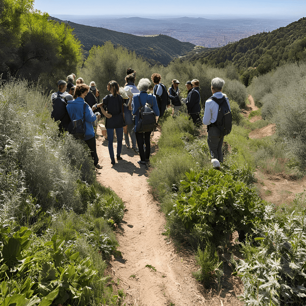 Grupo de personas recolectando plantas medicinales en una salida silvestre para su uso en cosmética natural.