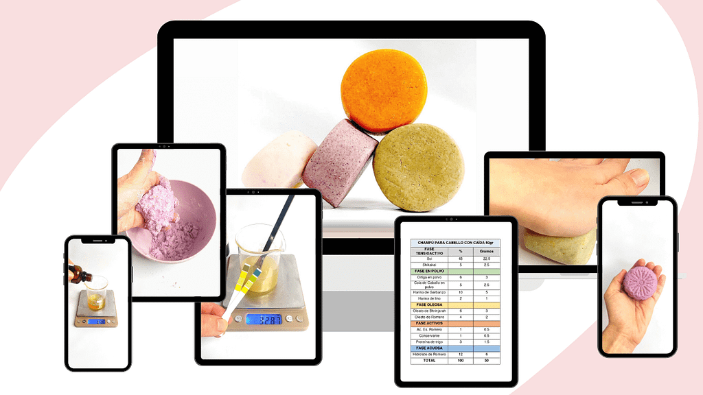 Mockup del contenido del curso de champú sólido con vídeos y guía paso a paso para aprender a formular