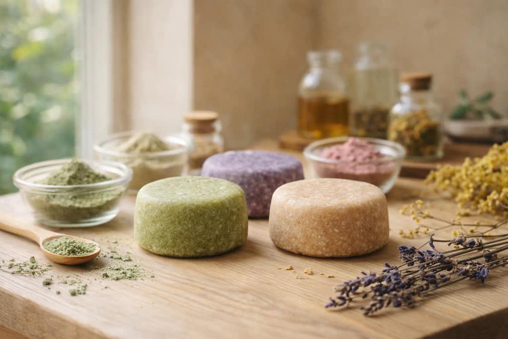 Champús sólidos naturales hechos a mano con ingredientes botánicos para cuidado del cabello
