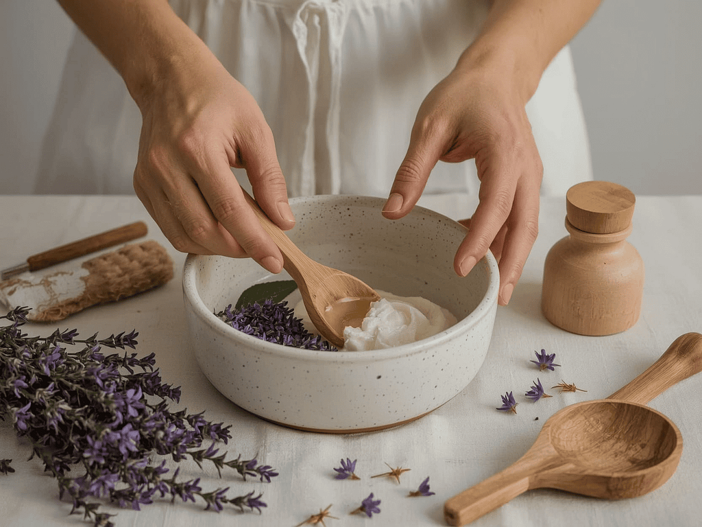 Imagen del proceso de un producto natural con ingredientes naturales durante un taller de cosmetica natural en barcelona impartido por Natália de naturmentallers