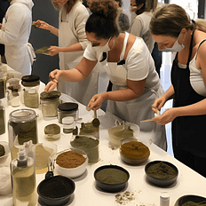 Materiales y herramientas utilizados en un curso online de cosmética natural, con aceites esenciales y hierbas frescas