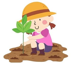 niña sembrando una planta haciendo de jardinera