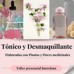 Participantes elaborando tónico facial y agua micelar con ingredientes naturales en Barcelona.