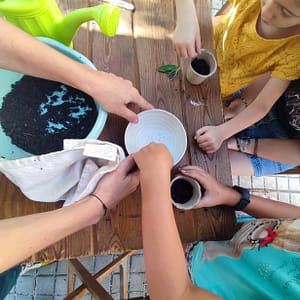 manos de niños sembrando semillas en la tierra