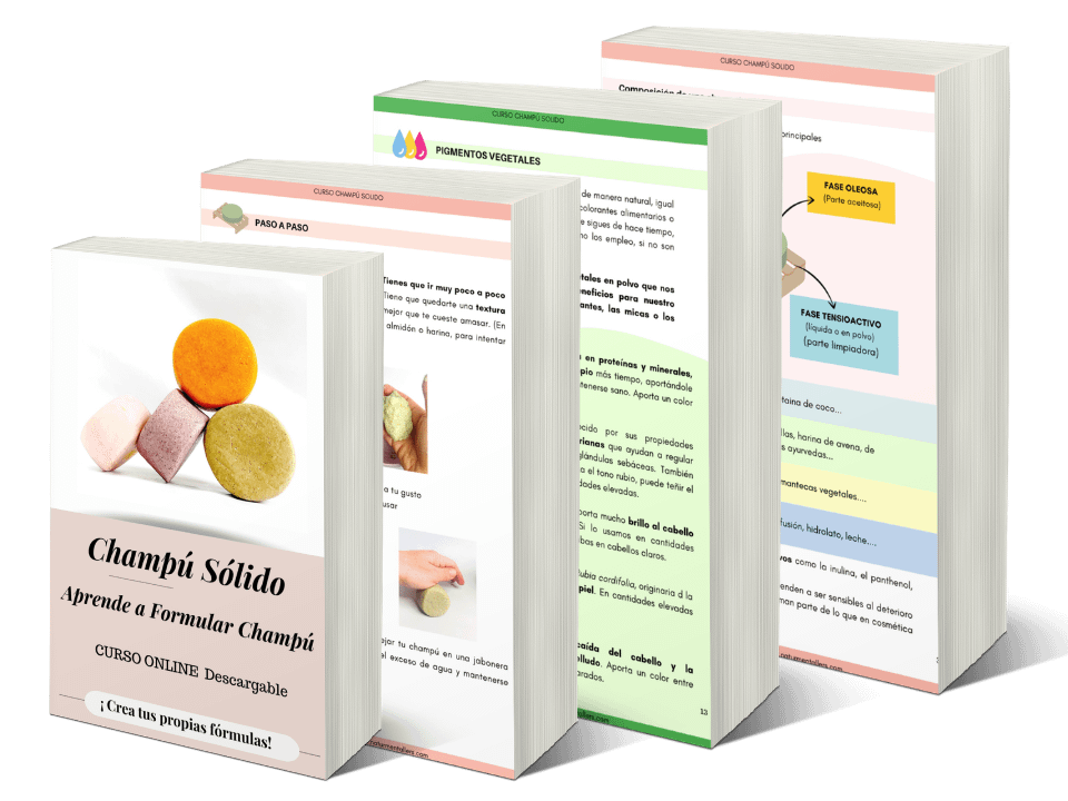 Mockups del curso de champú sólido con diferentes contenidos y guía paso a paso para formular champús sólidos