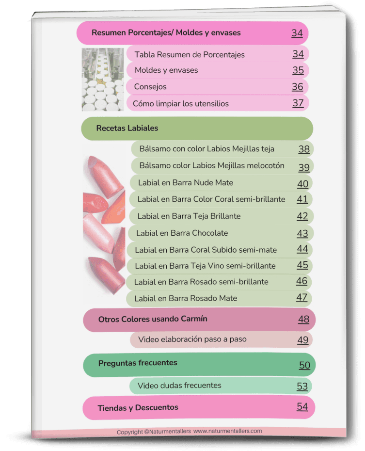 Índice del curso de labiales naturales página 3 con contenidos avanzados y guía de formulación