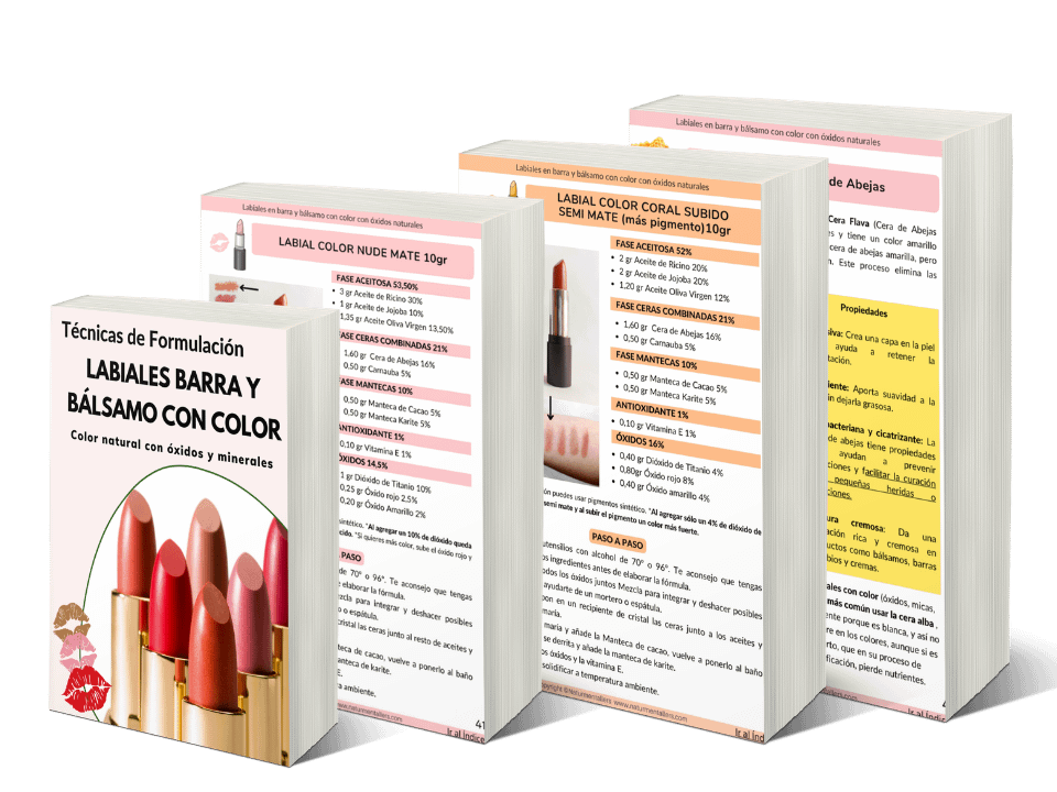 Mockup con varias portadas del curso de labiales naturales con contenido paso a paso para aprender a formular